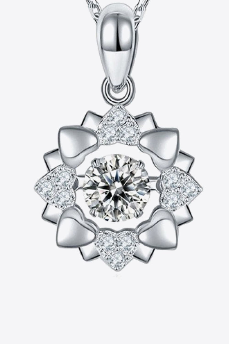 Silver heart-set diamond halo necklace in 925 sterling silver with a central sparkling stone.
