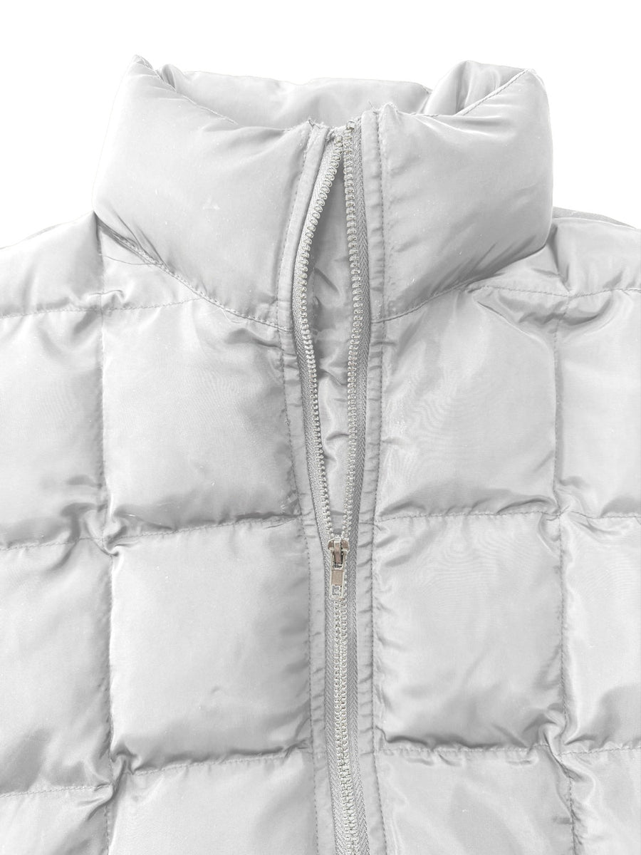 White quilted bomber jacket with stand collar and zipper detail