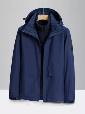 Men's dark blue hooded waterproof jacket with zip and two front pockets.
