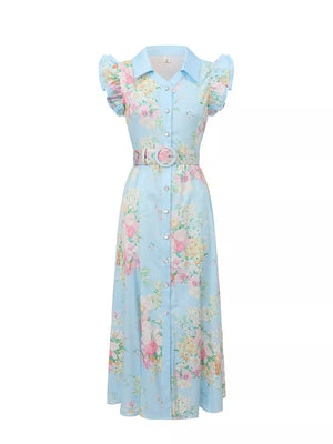 Light blue floral midi dress with ruffle sleeves, collared neckline, buttons, and matching belt.