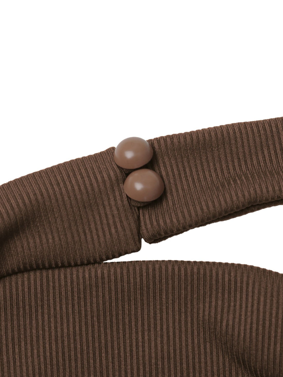 Brown ribbed halter neck bodysuit with double button detail