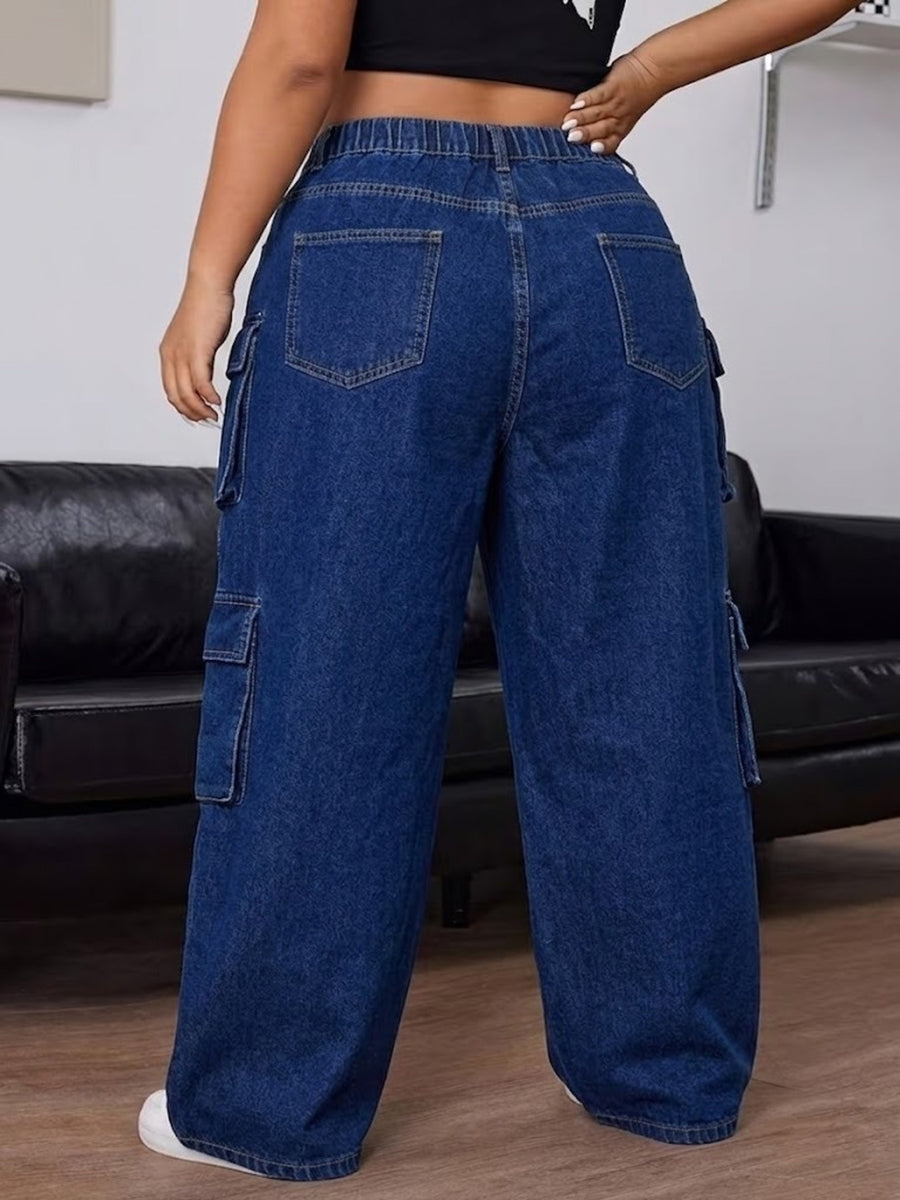 Plus Size High-Waisted Wide Leg Cargo Jeans in medium blue with pocketed