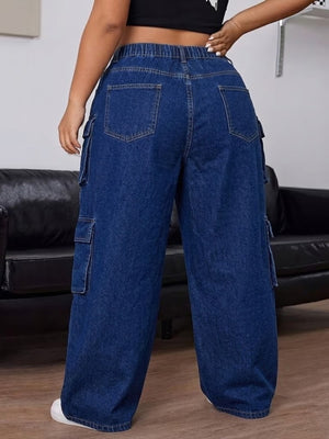 Plus Size High-Waisted Wide Leg Cargo Jeans in medium blue with pocketed