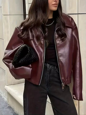 edgy moto jacket in Burgundy with notch lapel