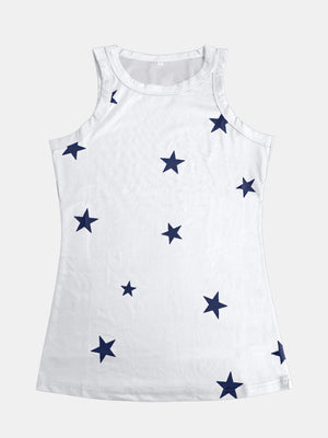 White ribbed tank top with navy stars pattern, crew neck, sleeveless.