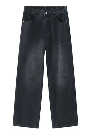 Dark Gray wide-leg denim trousers with elastic waist and button closure.