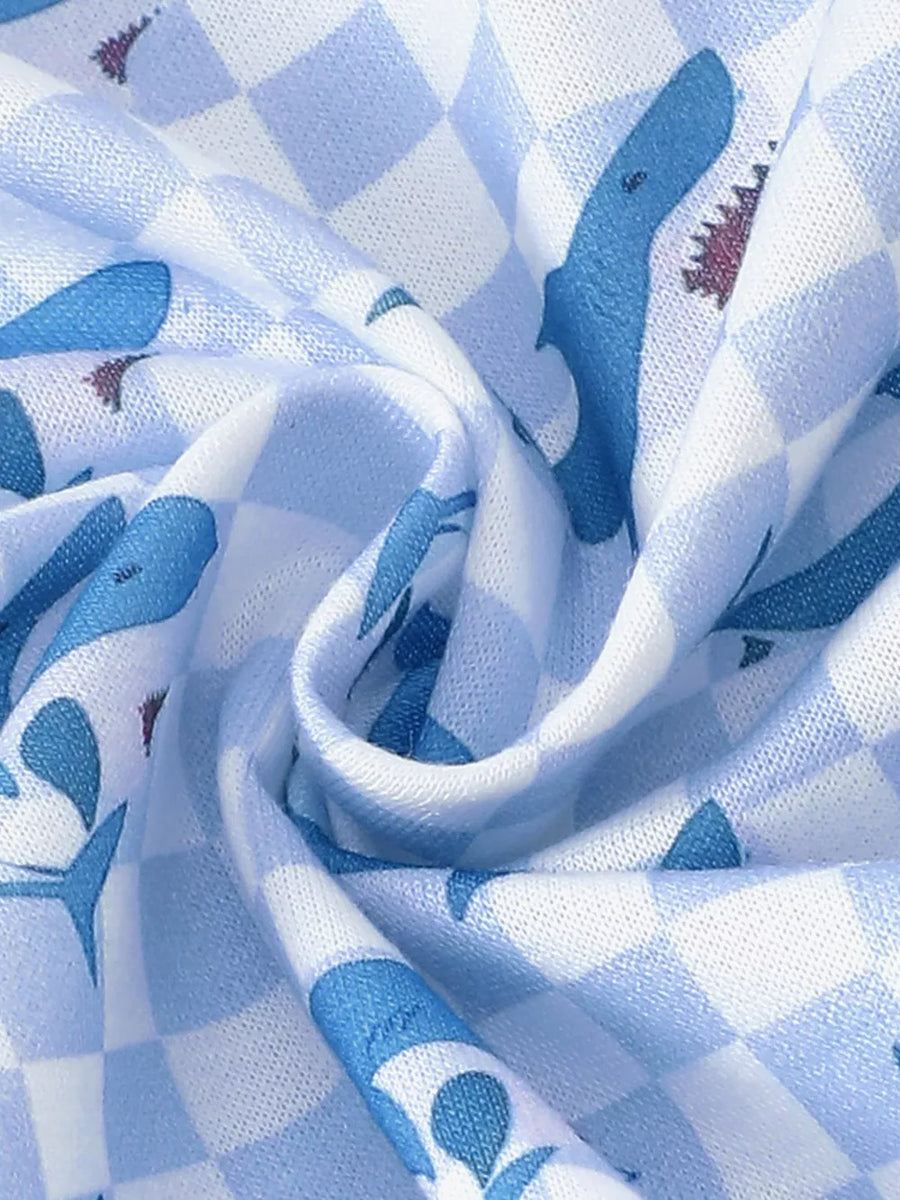 Baby hoodie set fabric with blue checkered pattern and white shark print