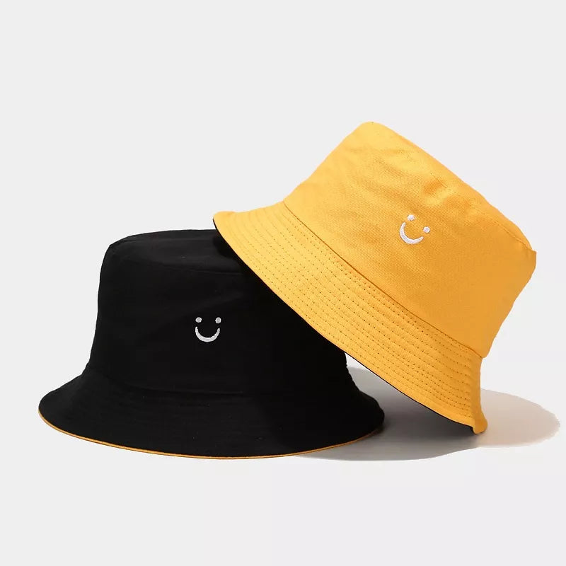 Embroidered Smiley Face Bucket Hat in Pink And Purple, Double-sided with embroidered