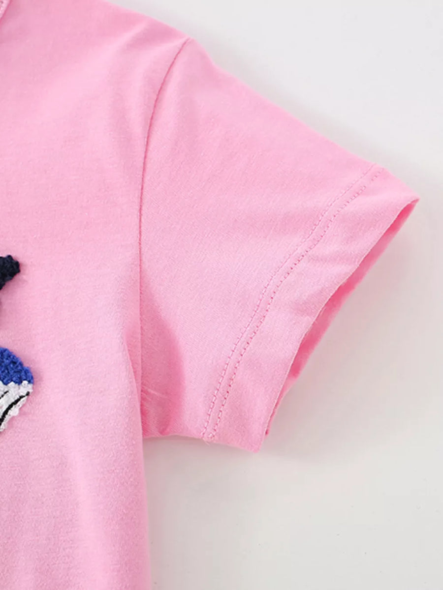Pink cotton t-shirt with whimsical ocean creature embroidery detail
