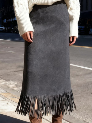 Slit High-Waisted Fringe Midi Skirt in Black