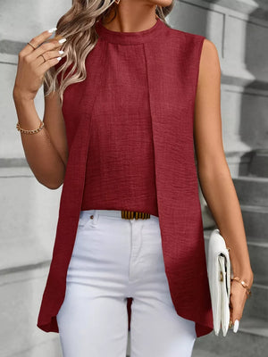 Wine red mock neck sleeveless tank top with a draped front detail.