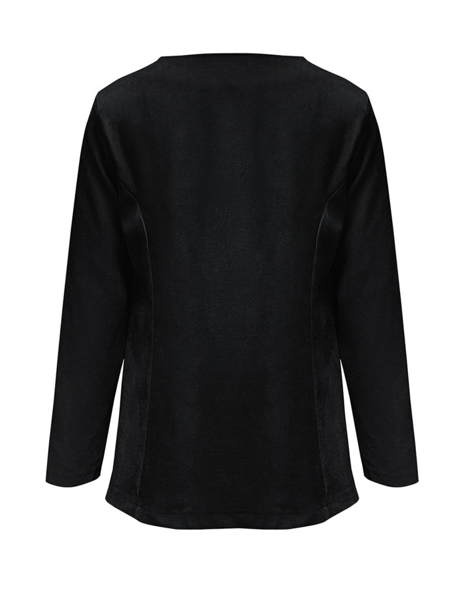 Black suede-effect open front blazer with long sleeves and a rounded neckline.