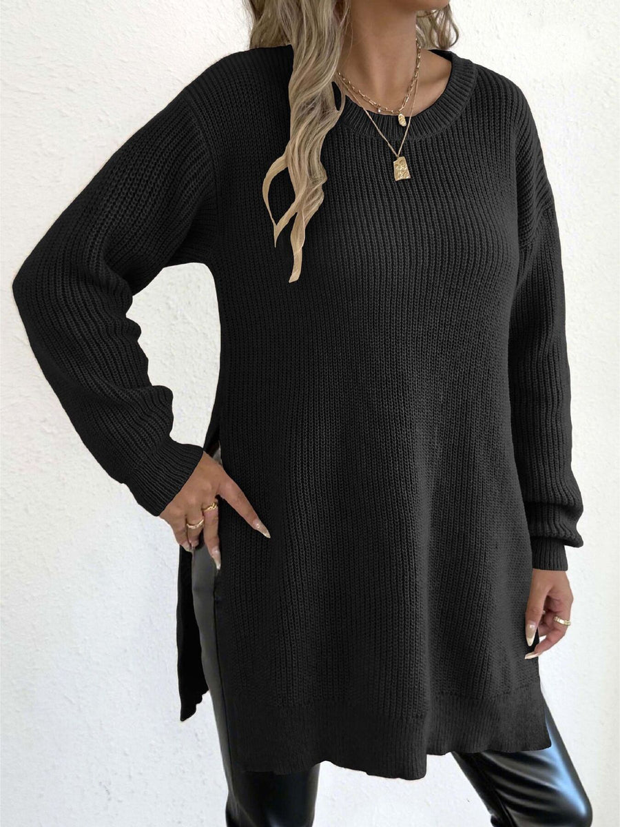 light beige pullover sweater with side slit and long sleeve