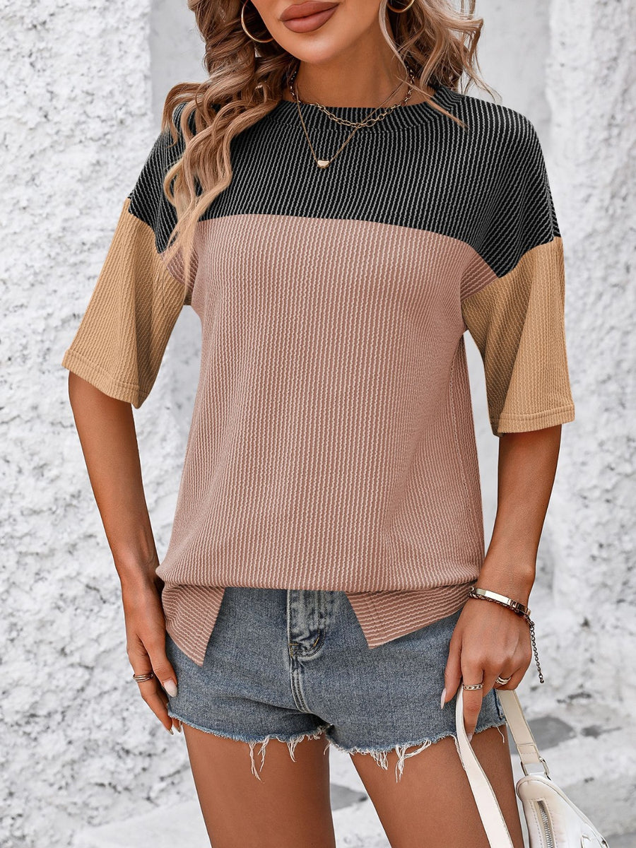 Mandy Color Pop T-Shirt in Black/Camel with striped detail and waffle knit texture.