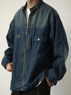 charcoal denim jacket with hip-length and zip-front