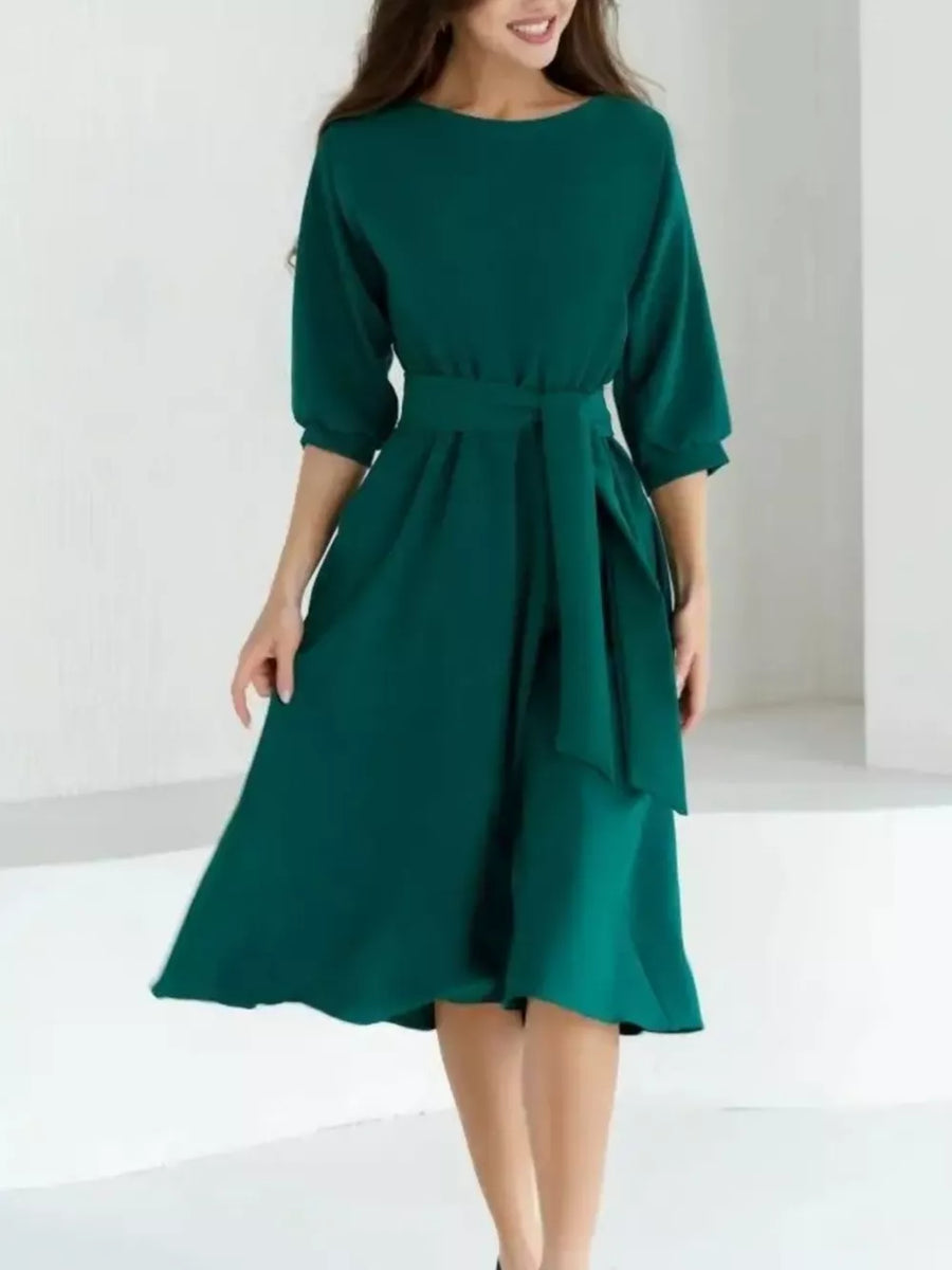 Blue Elegant Belted Waist Midi Dress
