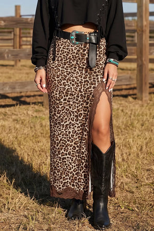 midi skirt in tan featuring side slit and slim fit