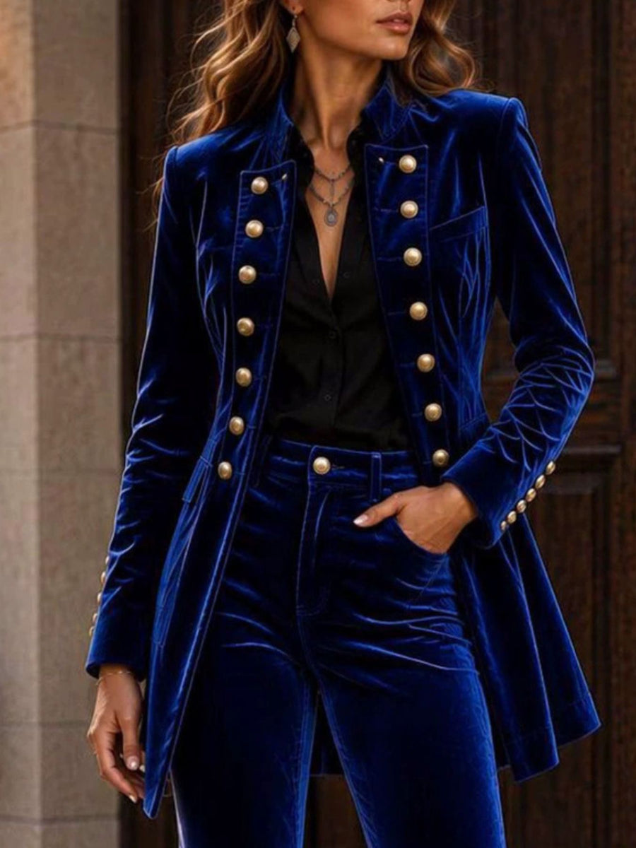 Velvet Double-Breasted Blazer And Flare Pants Set in Blue with buttoned