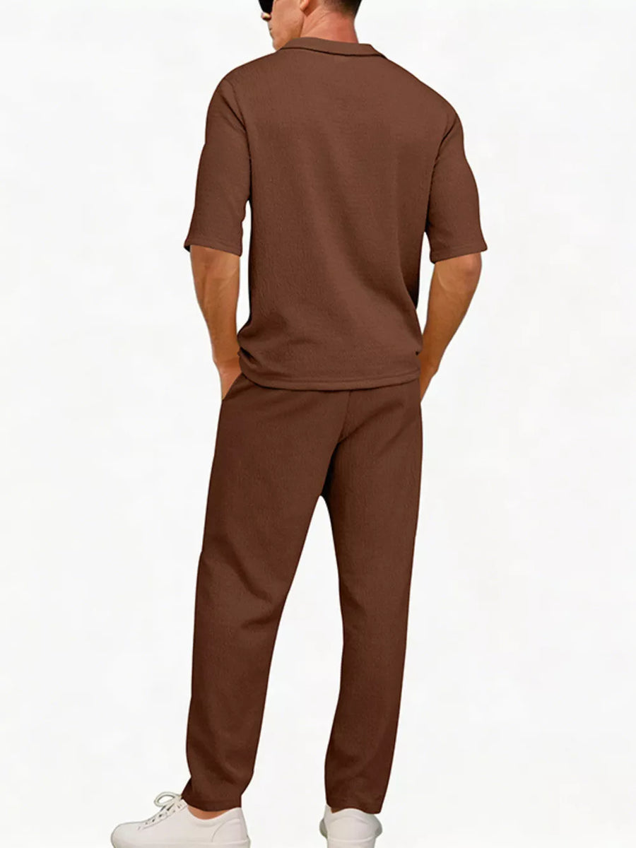 Men's Half Sleeve Top And Pants Set Plus Size in Brown with pocketed