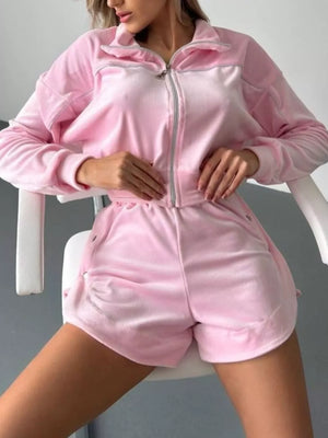 Zip-up Outerwear And Shorts Set in Purple with contrast stitching