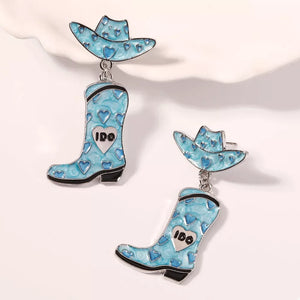 Sky blue cowgirl hat and boot dangle earrings with heart pattern and I DO detail.