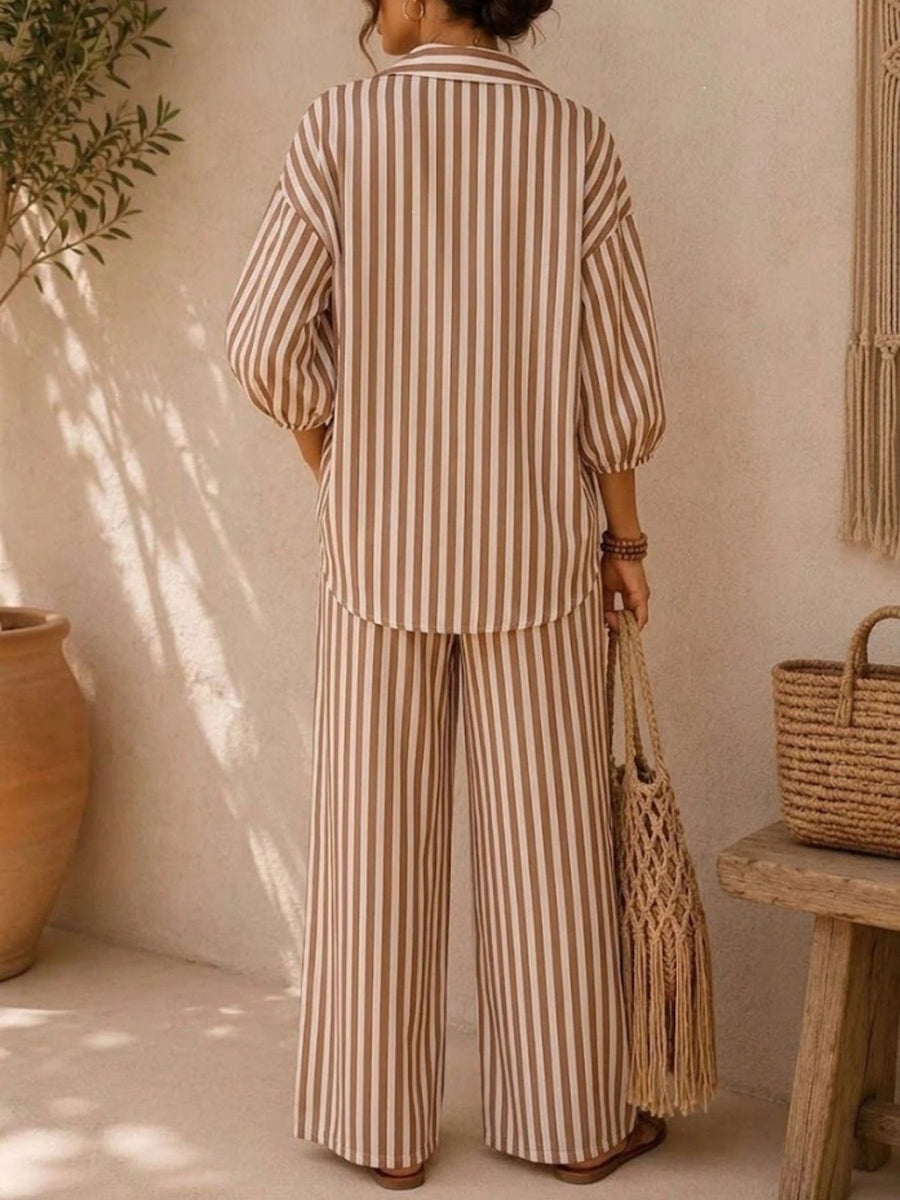 two-piece set featuring striped in Camel with 100% polyester Care instructions: Machine wash cold texture