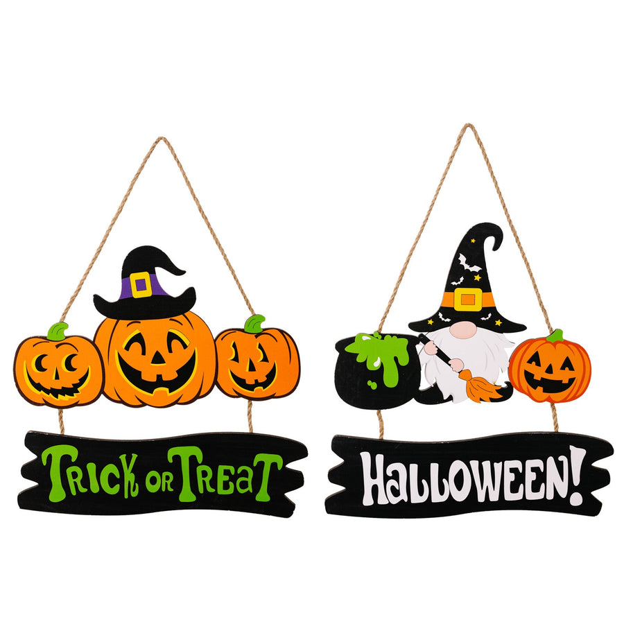 Halloween wall decor trio with pumpkins, a gnome, and festive signs.