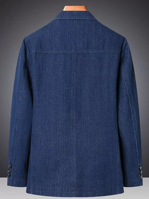 Textured dark blue denim blazer with notched lapels and buttoned cuffs.