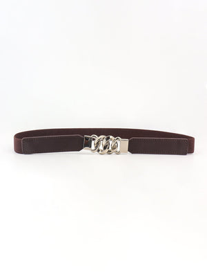 Chocolate faux leather belt with silver chain detail and elastic back.
