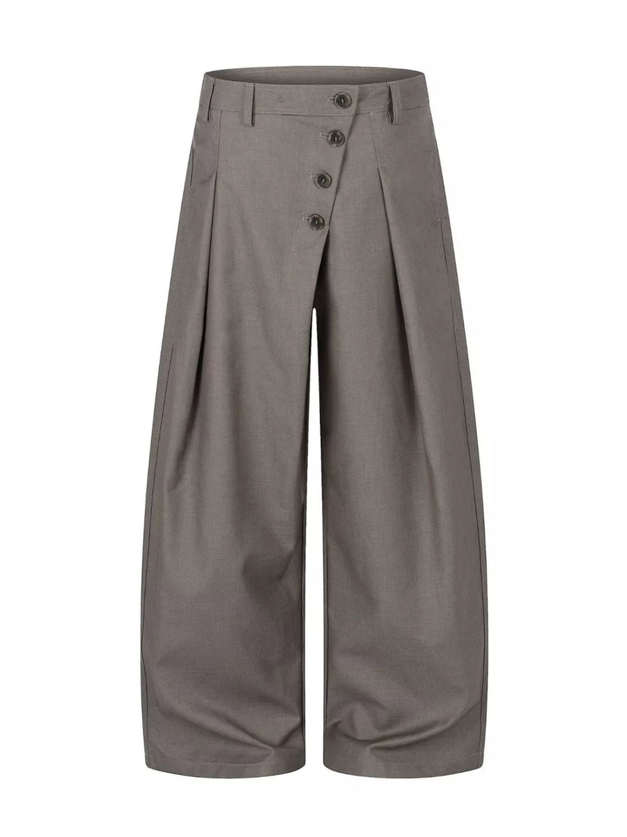 wide-leg pants in charcoal featuring asymmetrical button closure and wide-leg fit