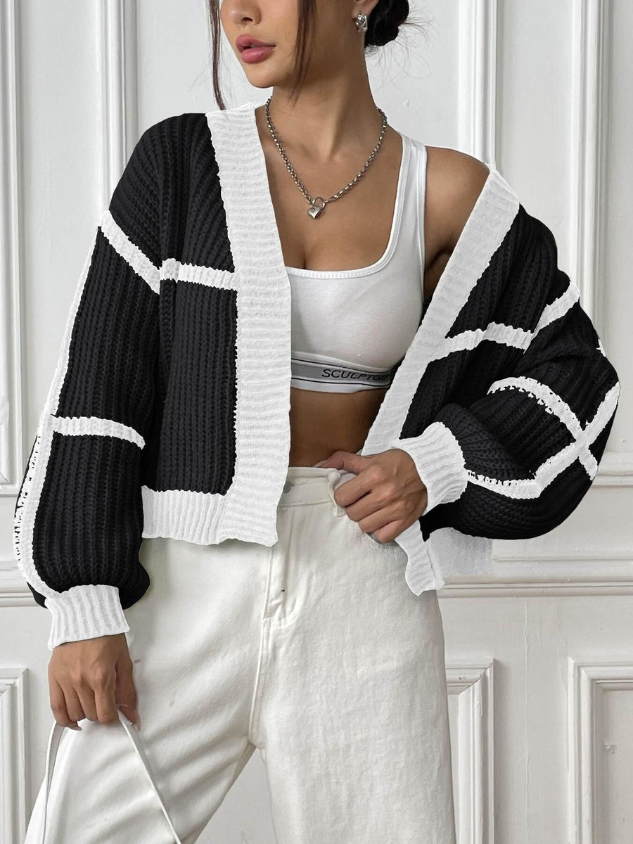 Color-Block Ribbed Knit Cropped Cardigan in Pink