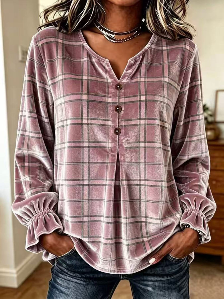 Plaid Velvet Flounce Sleeve Blouse Plus Size in Khaki