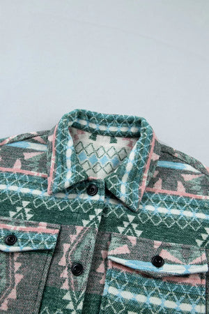 Geometric Print Button Front Long Sleeve Shacket in Sage with buttoned