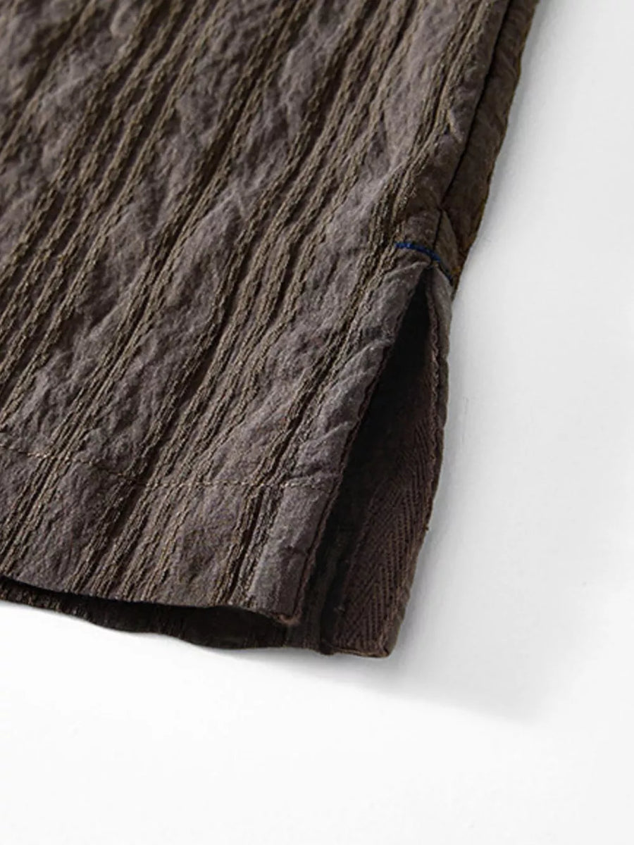 Textured chocolate men's short sleeve blouse with side slit detail
