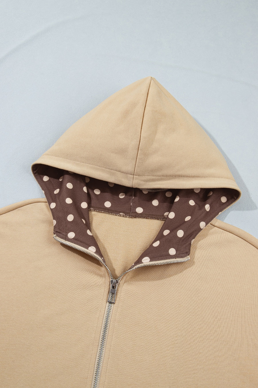 zip hoodie in Camel with polka dot and pocketed