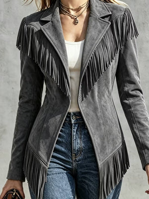 jacket in Black with fringe and hip-length