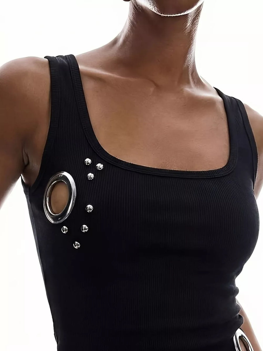100% polyester Care instructions: Machine wash cold tank top in Black with fitted silhouette