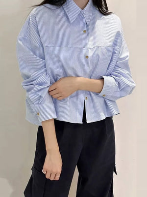 light blue button-down shirt with waist-length and button-front