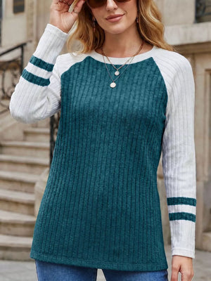 Ribbed Raglan Sleeve T-shirt in Burgundy, view 15