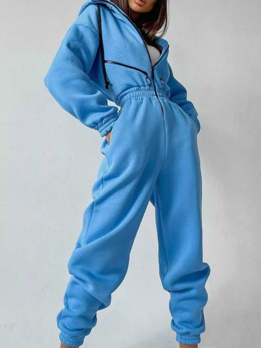 jumpsuit in sky blue featuring drawstring and relaxed fit