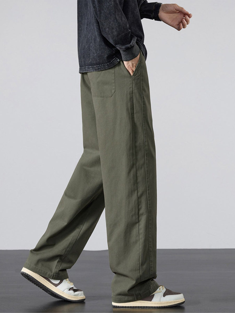 wide-leg pants in olive green with drawstring waist and full-length
