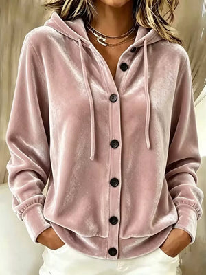 Full Size Velvet Button-down Hooded Outerwear in Gray