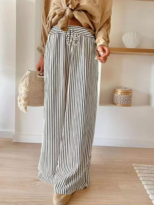 wide-leg pants in Khaki with striped and drawstring waist