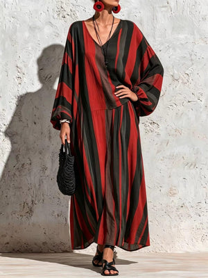 red two-piece set with striped and v-neck