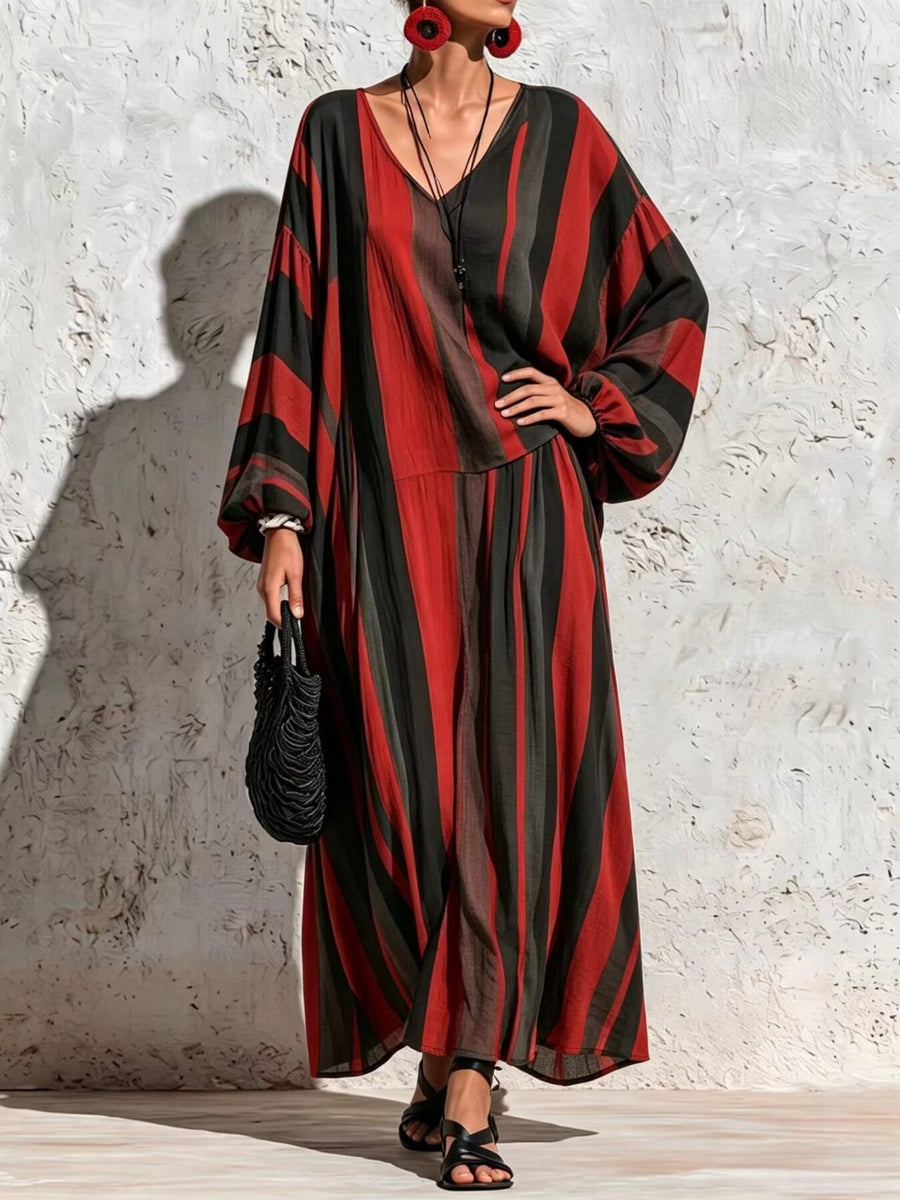red two-piece set with striped and v-neck