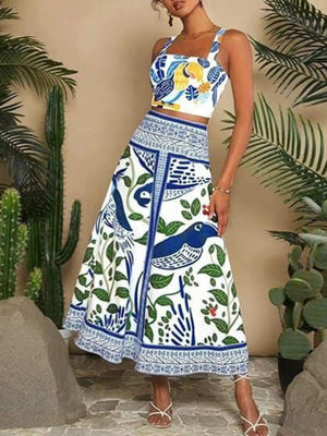 Floral print crop top and midi skirt set in multicolor with bird and leaf pattern.