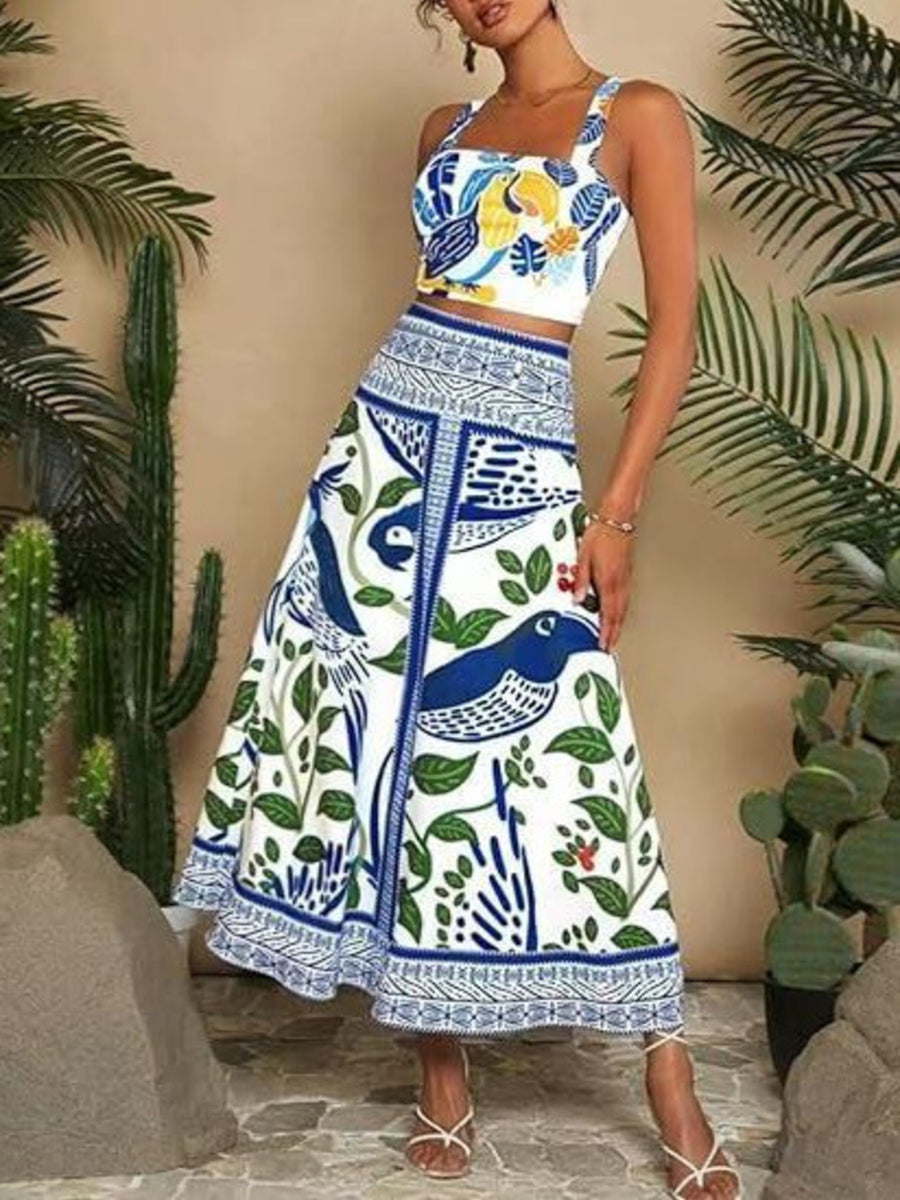 Floral print crop top and midi skirt set in multicolor with bird and leaf pattern.