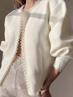 White with Pearl Trimmed Open Front Cardigan in White
