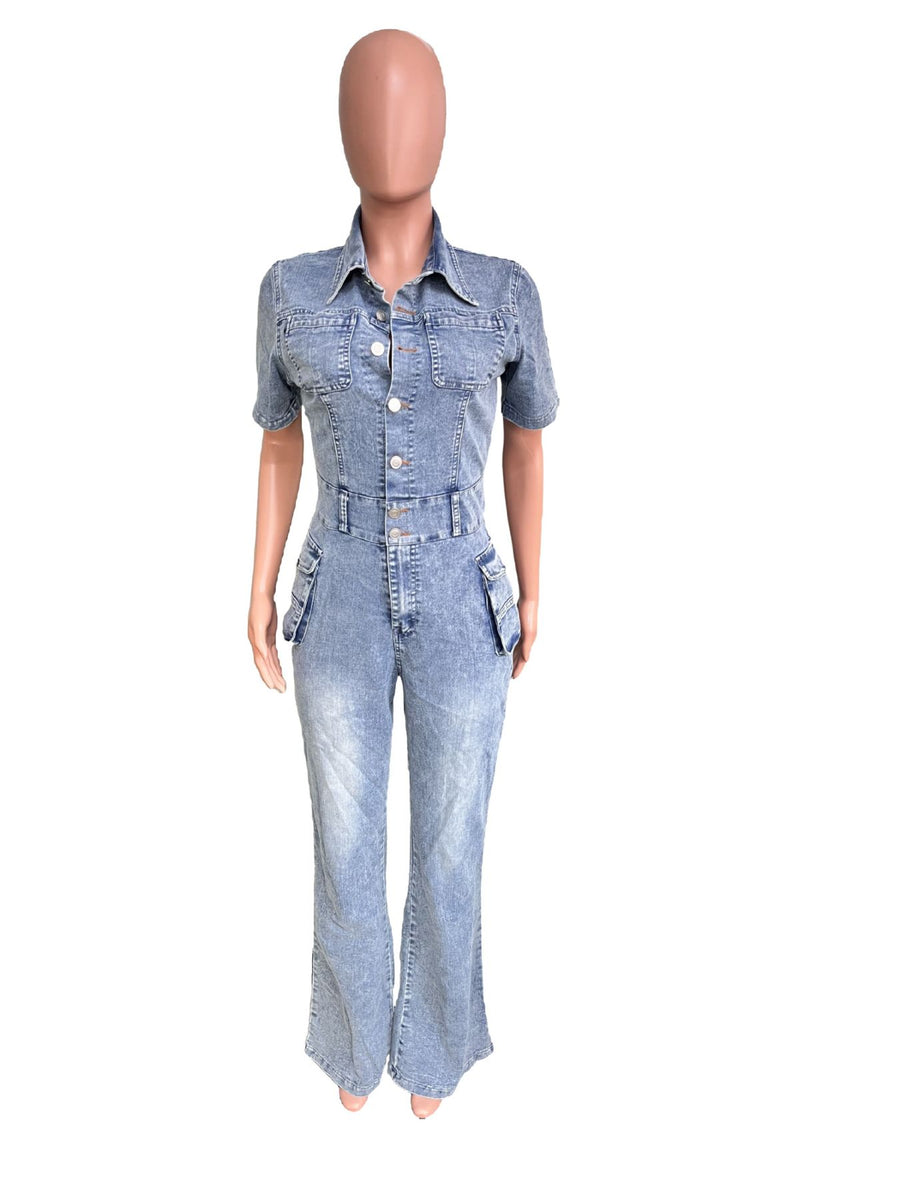 light blue flared jumpsuit with collared