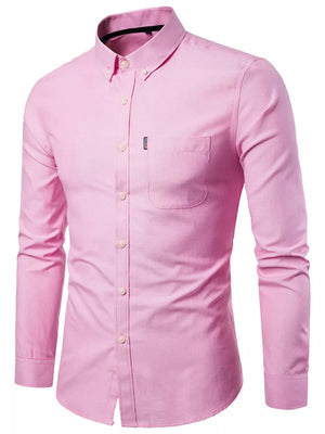 Men's pink cotton button-down shirt with pocket and buttoned collar.